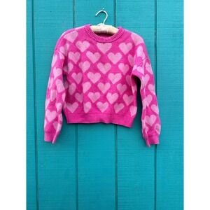 Girls Pink Heart Print Knit Sweater Crew Neck Long Sleeve Pullover Kids Top